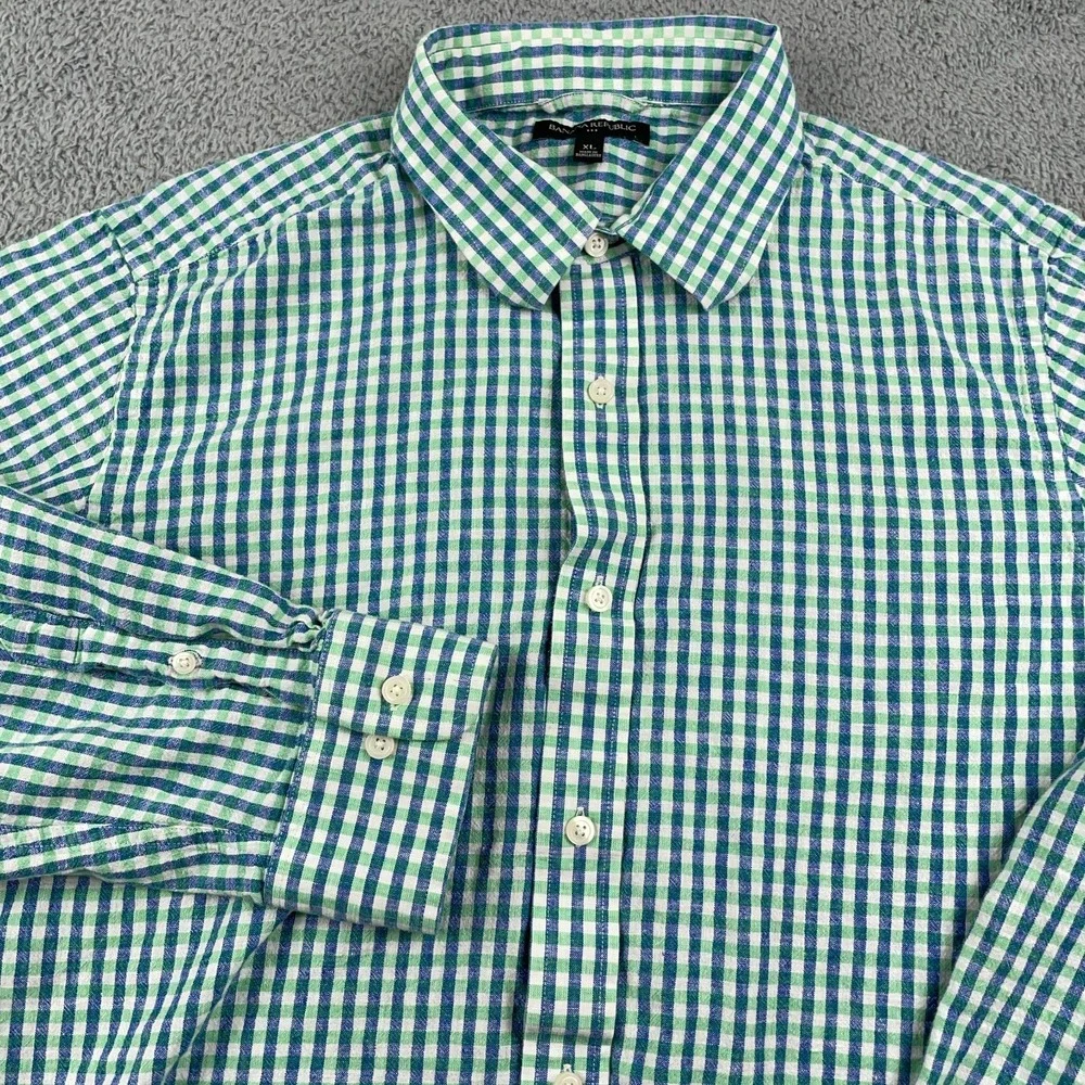 Banana Republic Shirt Mens XL Blue Green Linen Blend Gingham Check Roll Tab